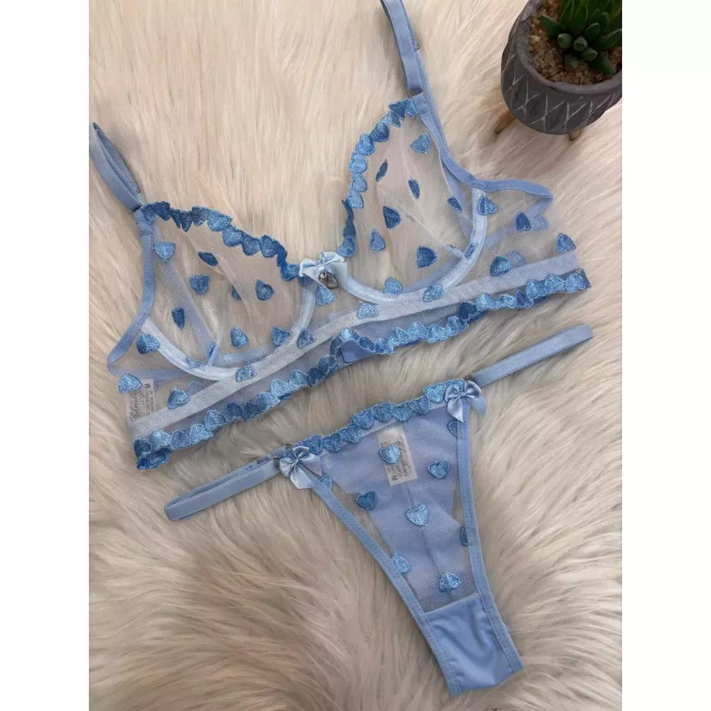 Conjunto Lingerie Sutiã Tule Transparente Bordado Fio duplo Tule Regulagem Laço Moda Íntima Feminino — imagem 1
