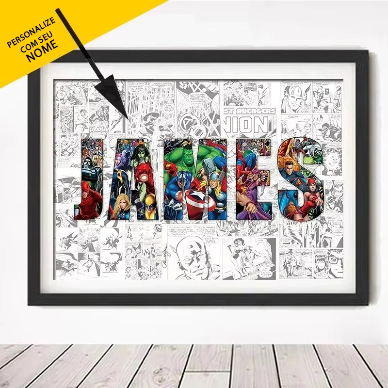 Quadro Decorativo Marvel Heróis Spider-Man e Iron Man Personalizado Seu Nome