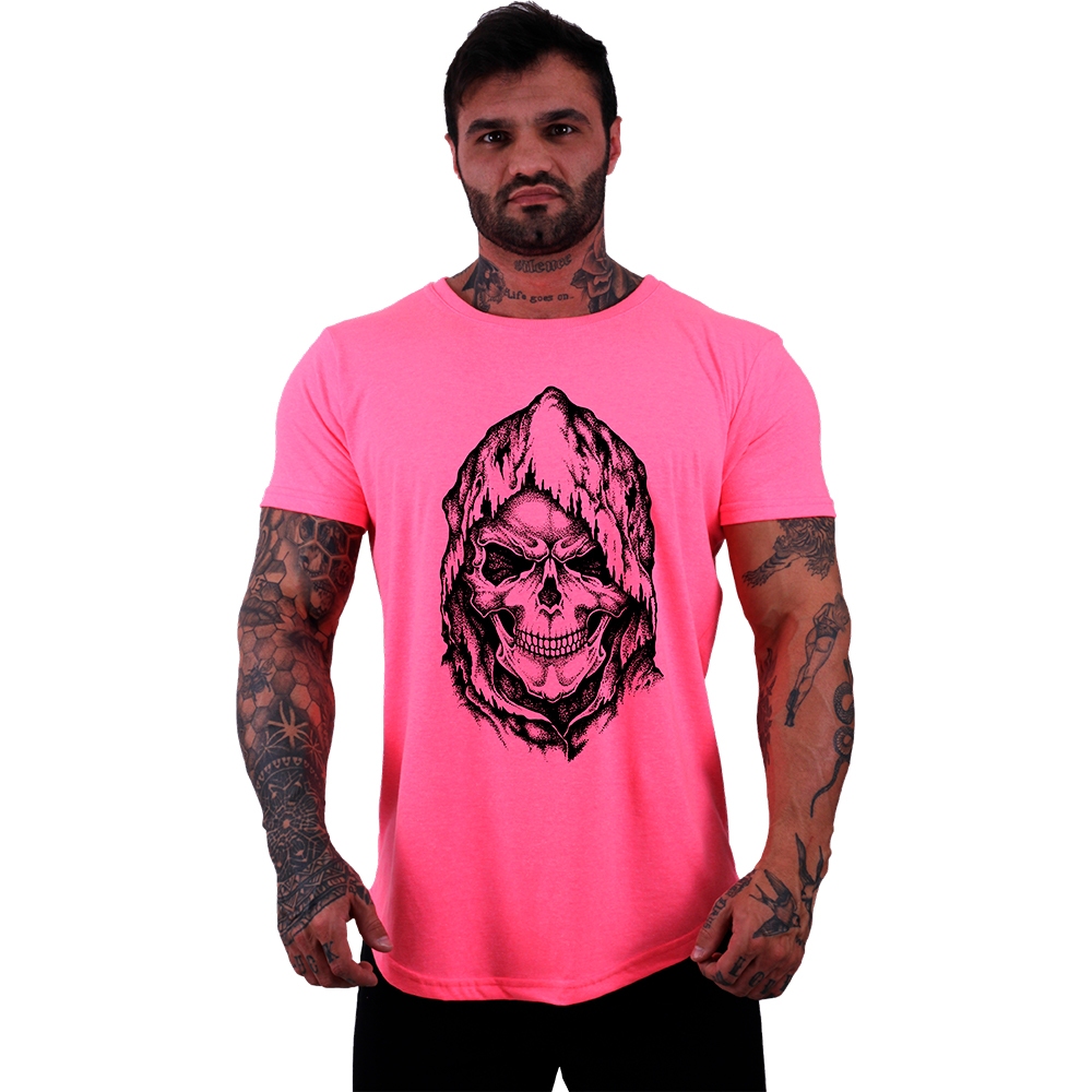Camiseta Longline Masculina Algodão MXD Conceito Academia Musculação Casual Caveira de Capuz