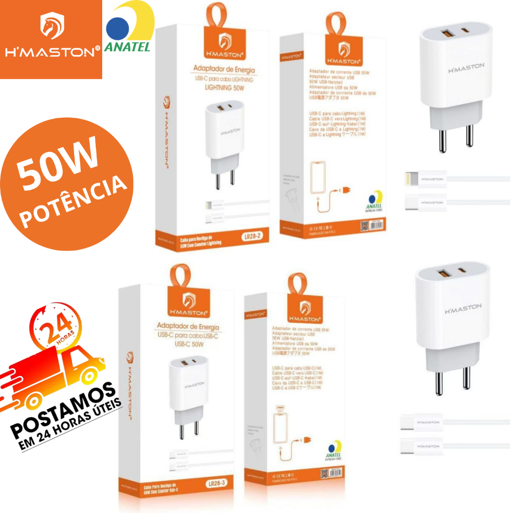 Carregador Fonte e cabo Carga Rápida 50w Original H"Maston USB + USB-C | iPhone LR28-2/LR28-3 em Oferta na Shopee