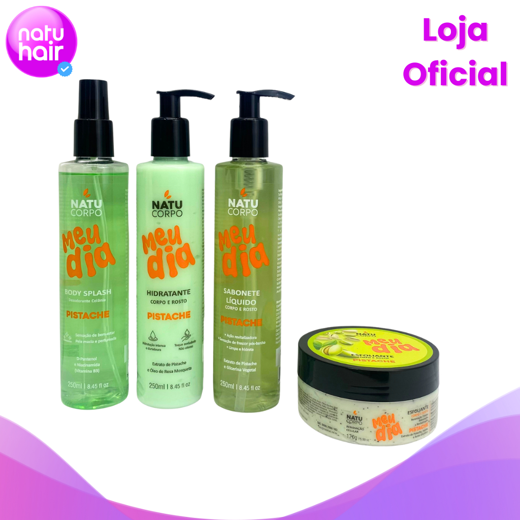Kit Sabonete Líquido 250ml + Hidratante 250g+ Body Splash 250ml + Esfoliante Pistache 170g