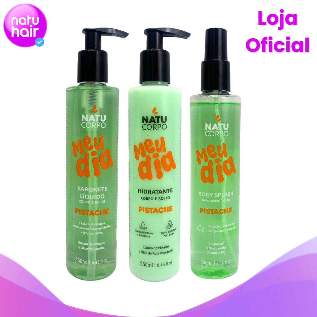 Kit Sabonete Líquido Pistache 250ml + Hidratante de Pistache 250g+ Body Splash Pistache 250ml
