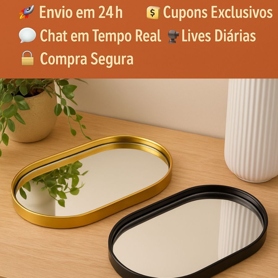 Bandeja Multiuso Decorativa Espelhada Banheiro Lavabo Bandeja  Preta Dourada