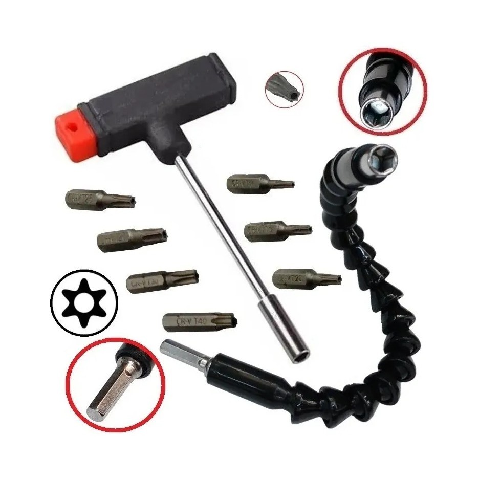 Acess Parafusadeira Extensor Chave T Bits Torx Furo Guia T10