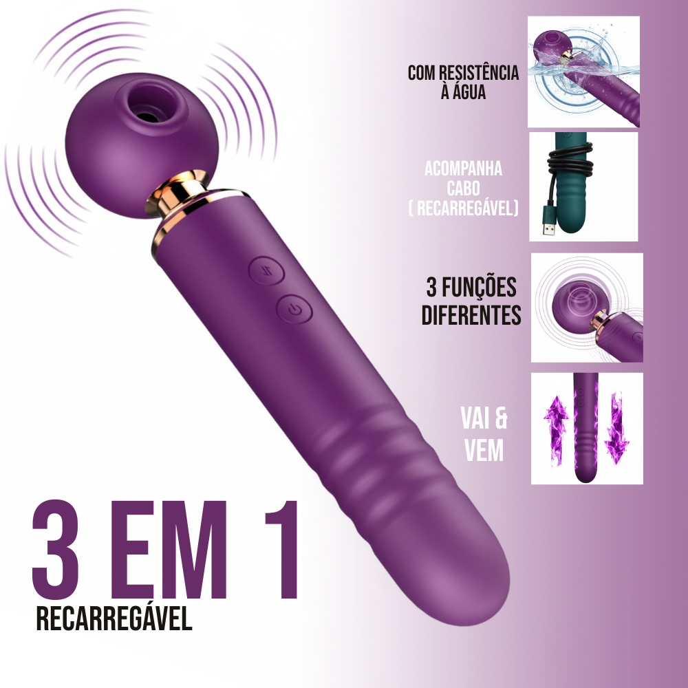 Vibrador Feminino Varinha Mágica 3 em 1 Recarregável