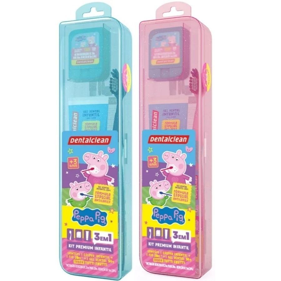 Kit Estojo Infantil Peppa Pig ( 1 Escova Infantil + 1 Fio Dental 20m + 1 Gel Dental 50g ) - Dentalclean