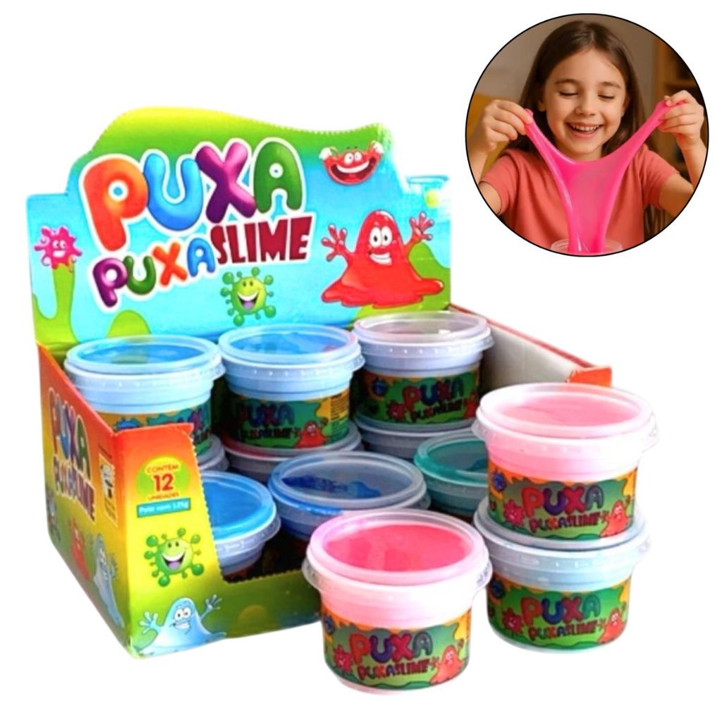 Slime Massinha Puxa puxa Caixa 24 Un. Revenda Atacado Festa Lembrancinha Criança Leleca