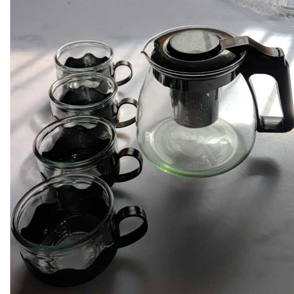 Kit Chaleira Com Infusor Inox E 4 Xicara para Cha Em Vidro 150ML Chaleira 1Litro