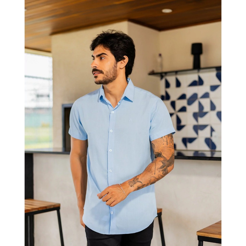 Camisa Social Masculina Manga Curta Linho Leve Cores Variadas Slim Fit Premium