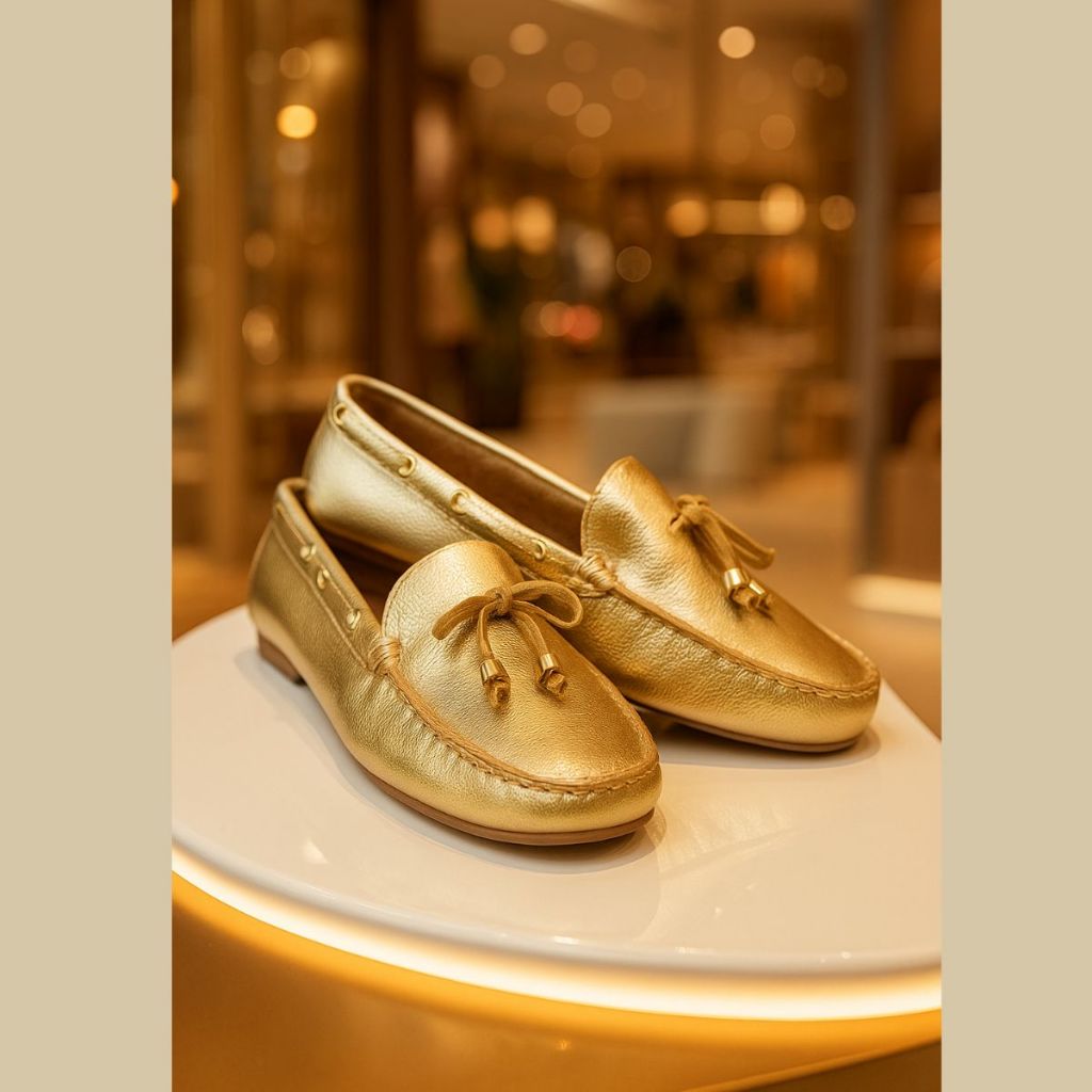 Sapato Mocassim Feminino Couro Legítimo Confortável Elegante Leve Macio Ouro Branco Laço ELAINE 35