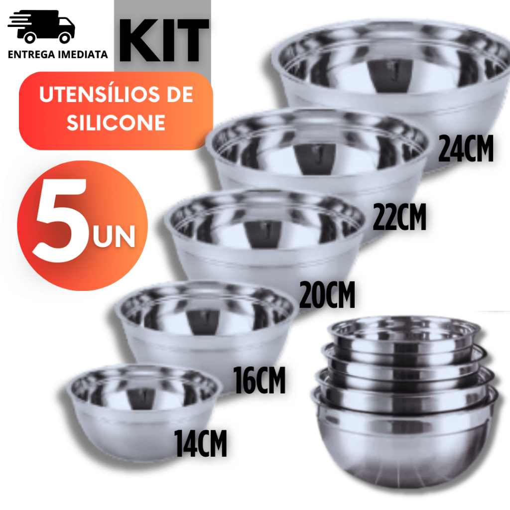 Conjunto 05 Peças Bowl Inox Tigela Inox  14cm 16cm 20cm 22cm 24cm  Bacia Cozinha Premium Utilidades