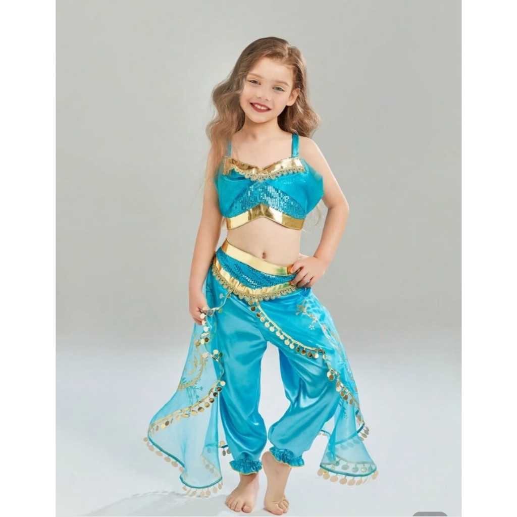 Fantasia Princesa Jasmine Infantil Luxo Azul e Dourada com Tiara para Meninas Envio Imediato