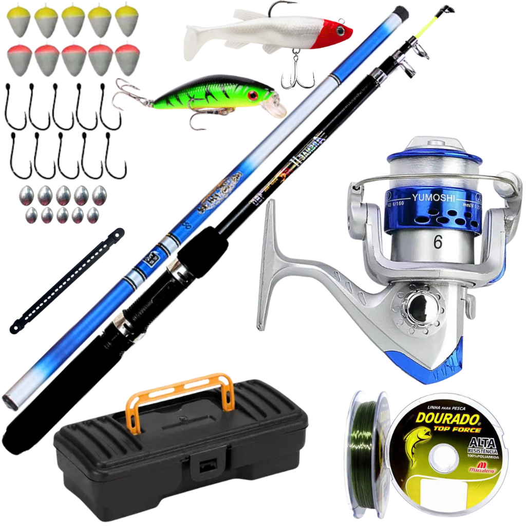 Molinete com Vara de Pesca Telescopica de Mão 3,60 Kit Anzol Isca Artificial pescar Tilapia Robalo
