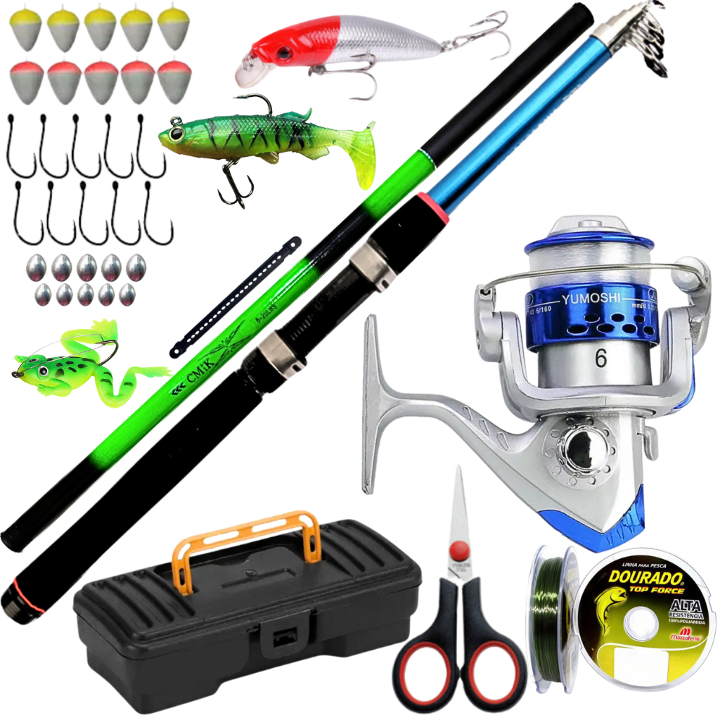 Molinete de Pesca e Vara Telescopica 1,80 Mão 3 metros Isca Artificial Kit Pescar Tucunaré Robalo