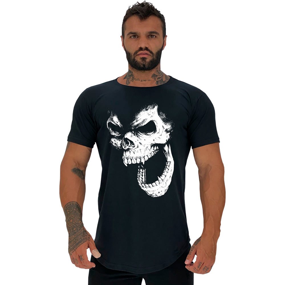 Camiseta Longline Slim Masculina MXD Conceito Academia Musculação Caveira e Escritas