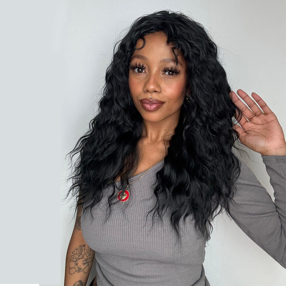 Wig Peruca Cabelo Ondas Natural Fibra Orgânica Premium Cacheado Preto Uso Diário 55cm 230g BEATRIZ