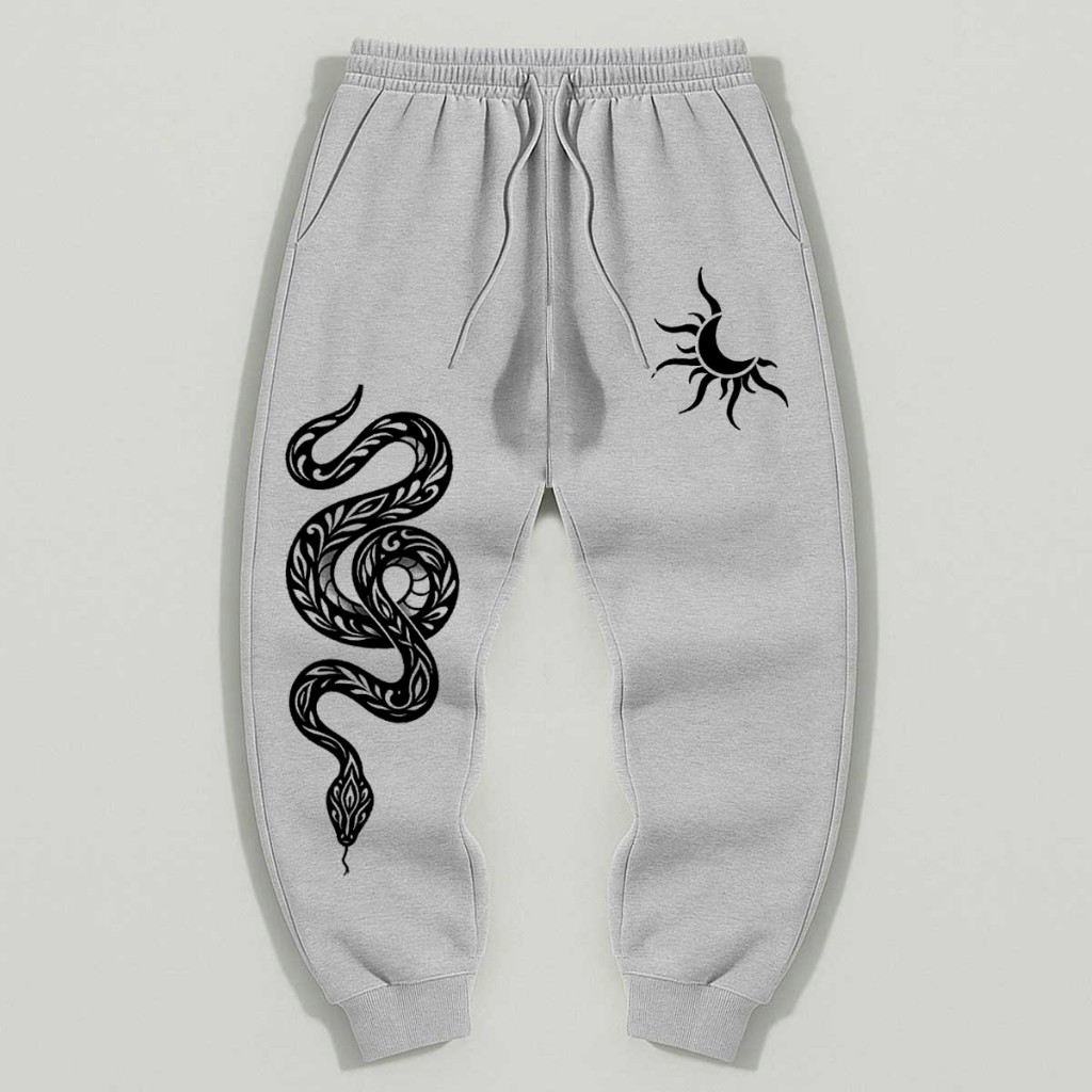 Calça Moletom Streetwear Serpente Lua Moon Darkwear Conforto Moda Urbana Gótico Metal Rock Tribal Academia Gym