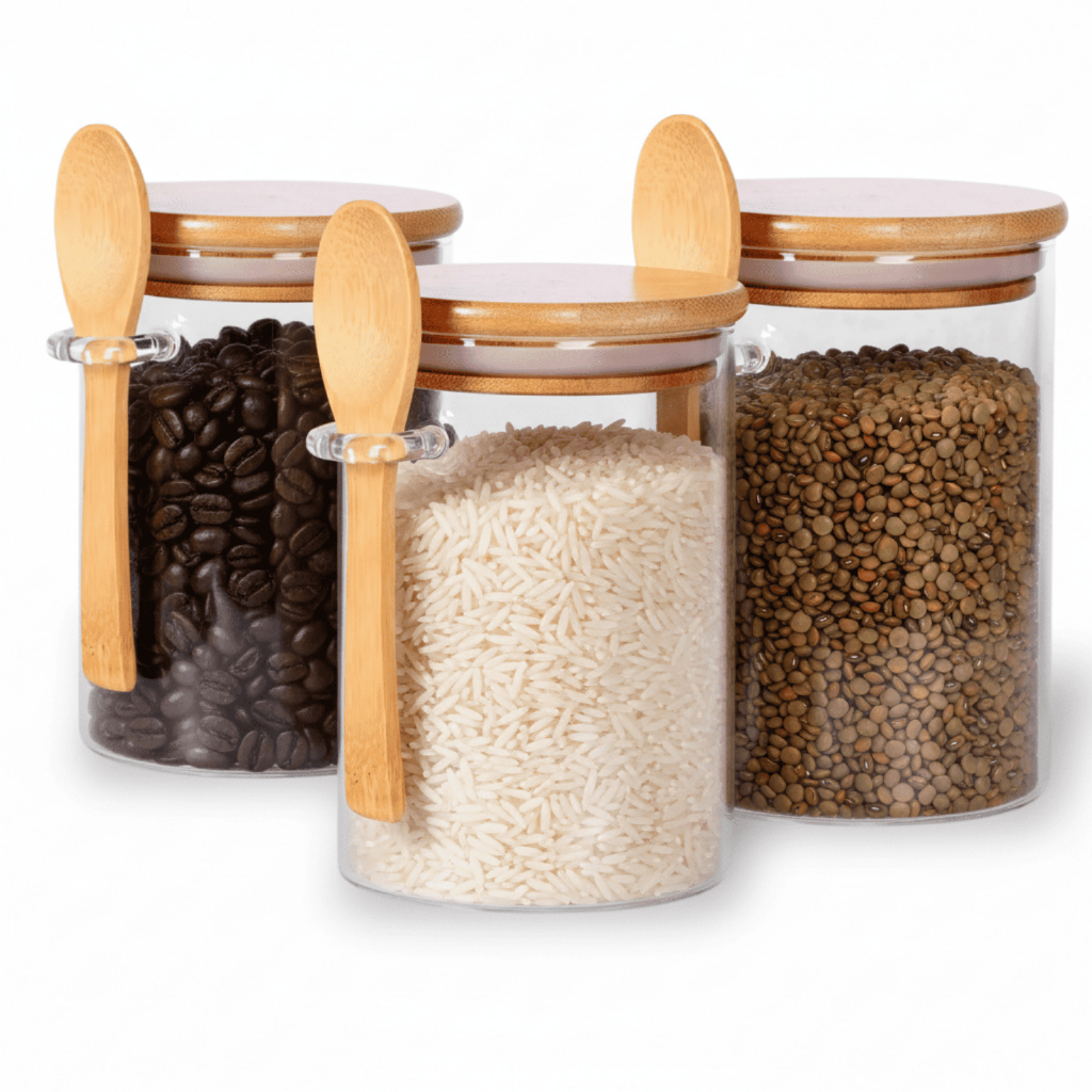 Kit Pote Hermético De Vidro Colher em Bambu 970ml 750ml 550ml Redondo