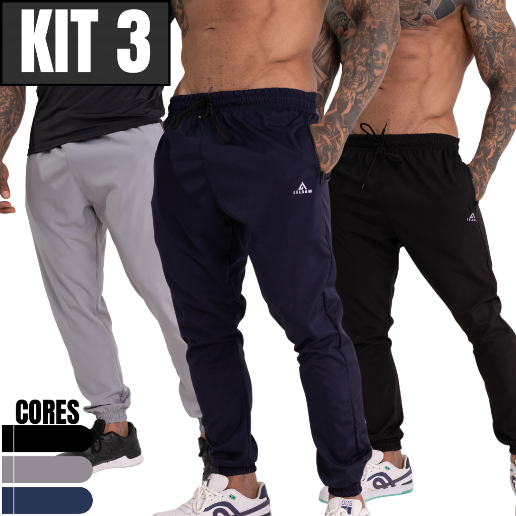 Kit 3 Calças Jogger Tactel Slim Masculina Academia Corrida Treino com Bolsos Zíper