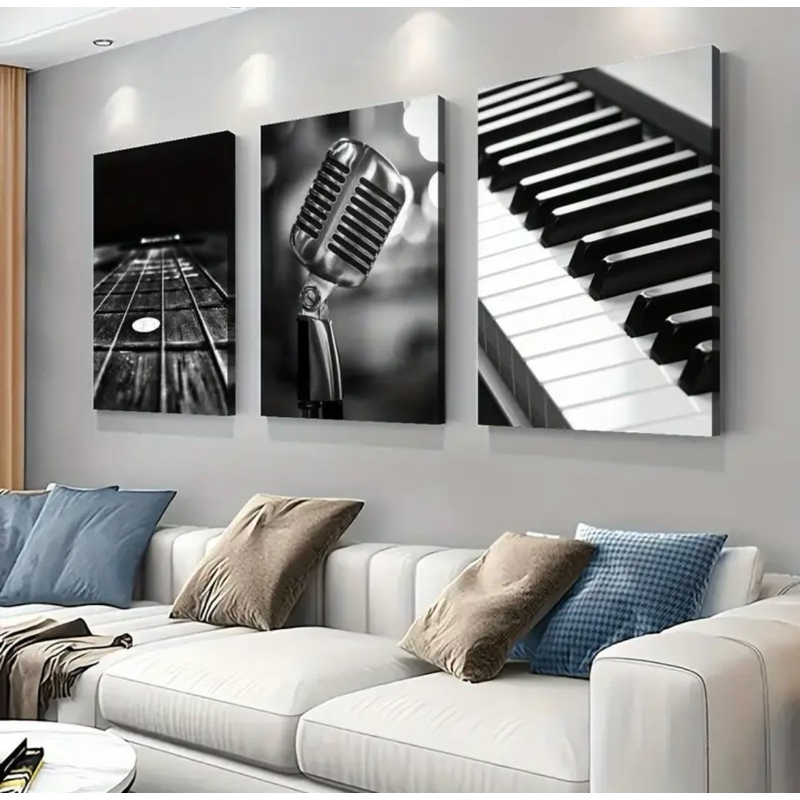 Quadro Decorativo Instrumento Musical Trio,piano,microfone violão Gigante 120x60cm.Decore quarto,sala,copa,escritórios