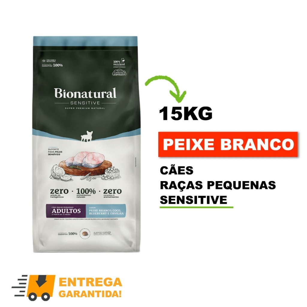 Ração Bionatural Sensitive Cães Adultos Raças Pequenas sabor Peixe Branco 15KG-Envio Imediato