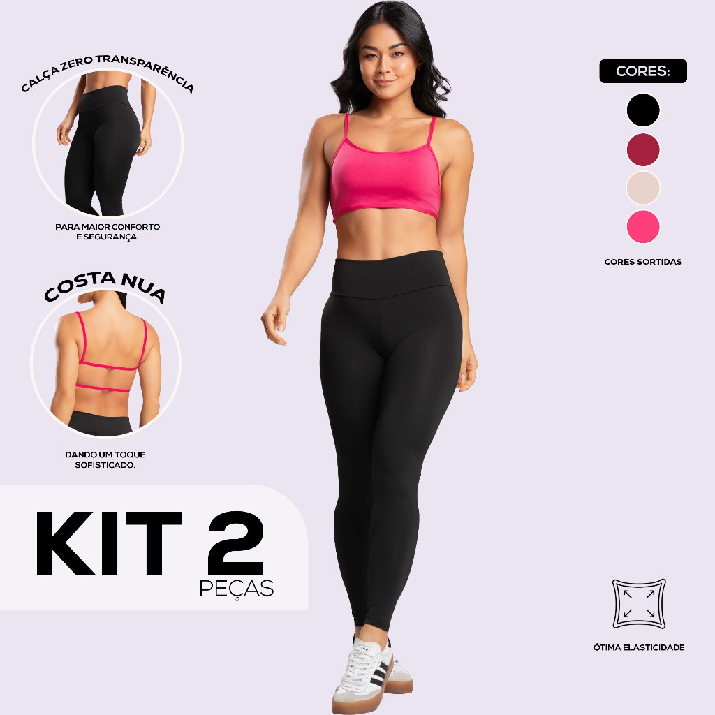Kit 2 Conjuntos Academia Fitness Calça Lengging Blackout Zero Transparência e Top Costa Nua Gringa