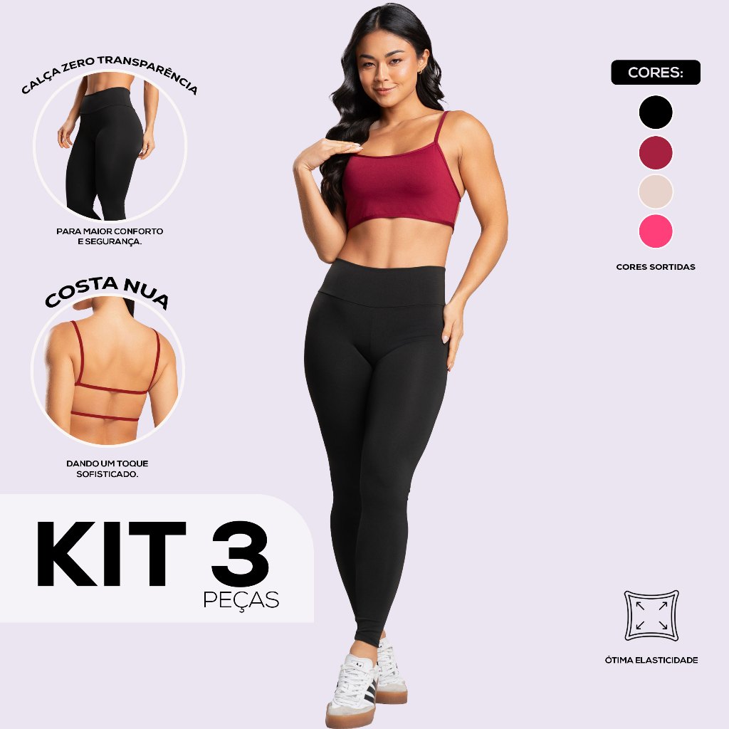 Kit 3 Conjuntos Academia Fitness Calça Lengging Blackout Zero Transparência e Top Costa Nua Gringa