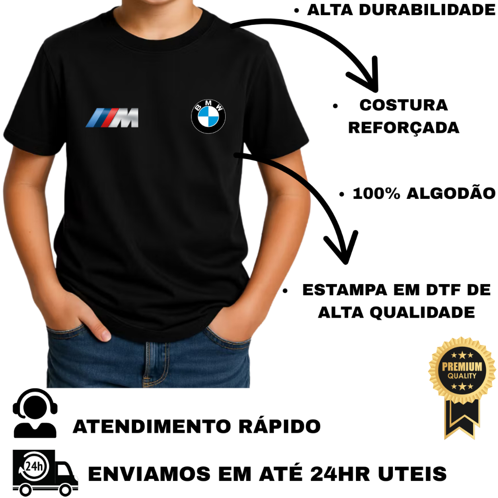 Camiseta Masculina Infantil Juvenil BMW M Camisa Estampada 100% Algodão N° 2 ao 16 Lançamento