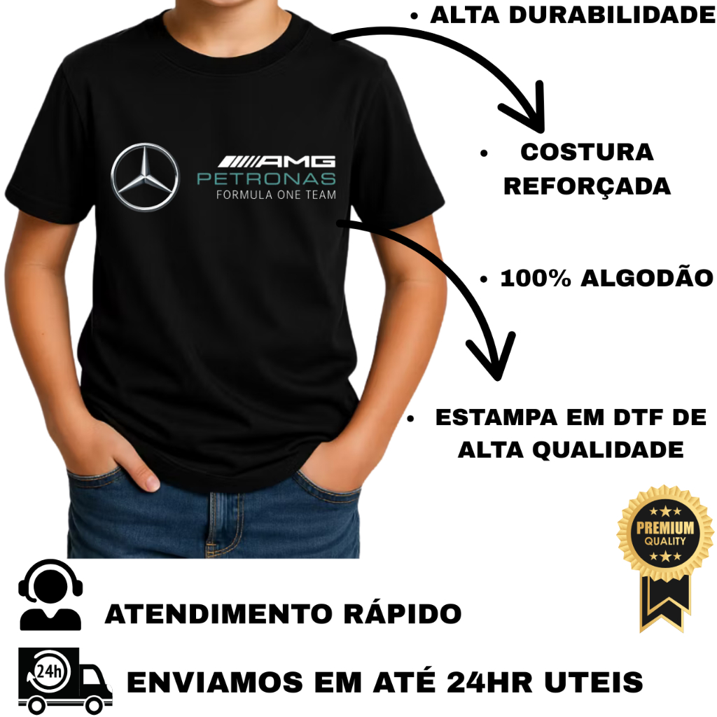 Camiseta Masculina Infantil Juvenil Mercedes Amg Camisa Estampada 100% Algodão N° 2 ao 16 Lançamento