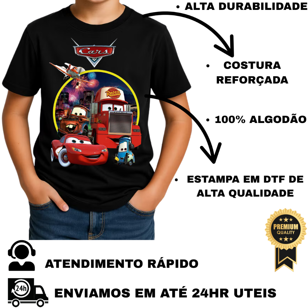 Camiseta Infantil Juvenil Carros Relampago McQueen Personagens Camisa Estampada Algodão Lançamento