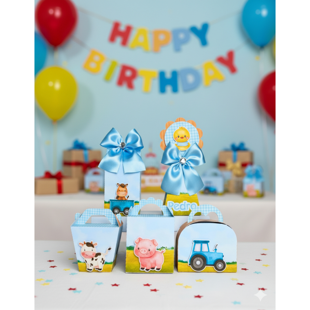 Kit Festa - Lembrancinhas Fazendinha Azul - Papelaria Personalizada - Caixinhas Personalizadas