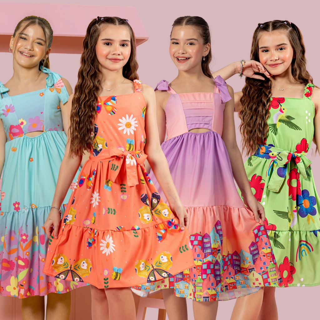Vestido Infantil Menina Festa Chique Elegante Colorido Rodado Evangelico Juvenil Luxo Estampado Azul
