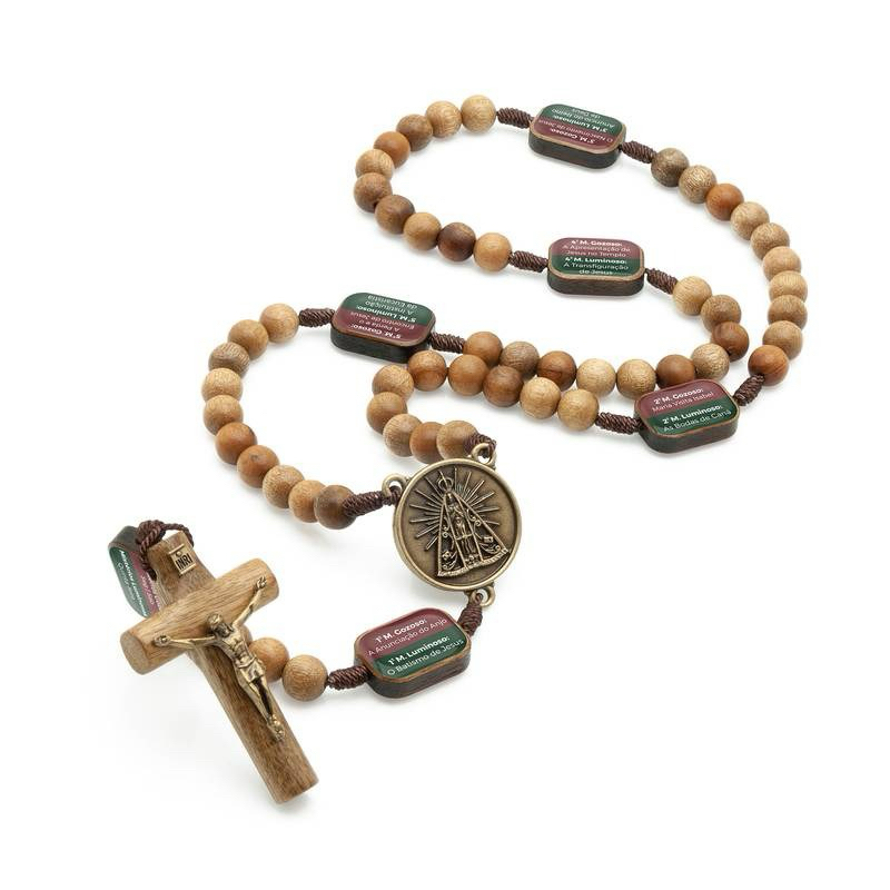 Terço de Madeira Imbuia COM Mistérios Escritos e Resinados 10mm Cordão Terco
