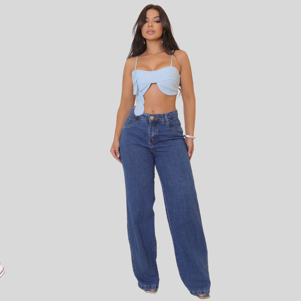 Calça Feminina Wide Leg Cintura Alta Tecido Grosso Pantalona Stillger Jeans em Oferta na Shopee