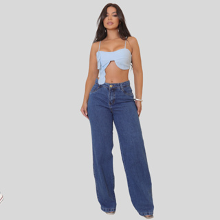 Calça Feminina Wide Leg Cintura Alta Tecido Grosso Pantalona Stillger Jeans em Oferta na Shopee