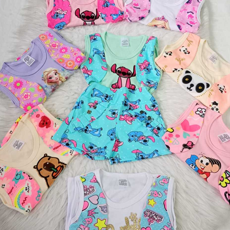KITS 3 Conjunto Floral Infantil Menina Blusa + Short Saia Desenho Sortido de 2 a 6 Anos