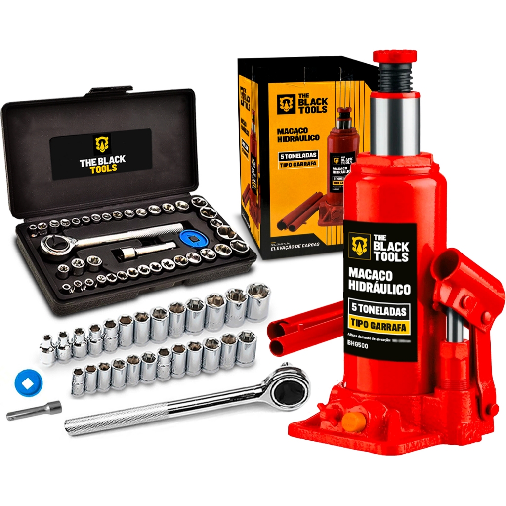 Macaco Hidráulico Garrafa 5 Toneladas Mecânico + 40 Soquetes em Oferta na Shopee