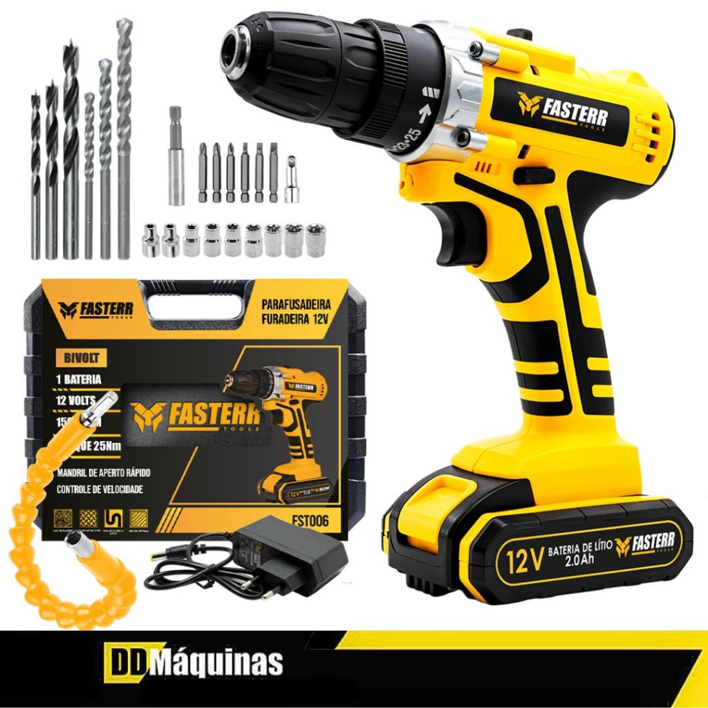 Furadeira e Parafusadeira 12V Completa  Com Bateria 24 Acessórios e Maleta  FST006 - Fasterr em Oferta na Shopee