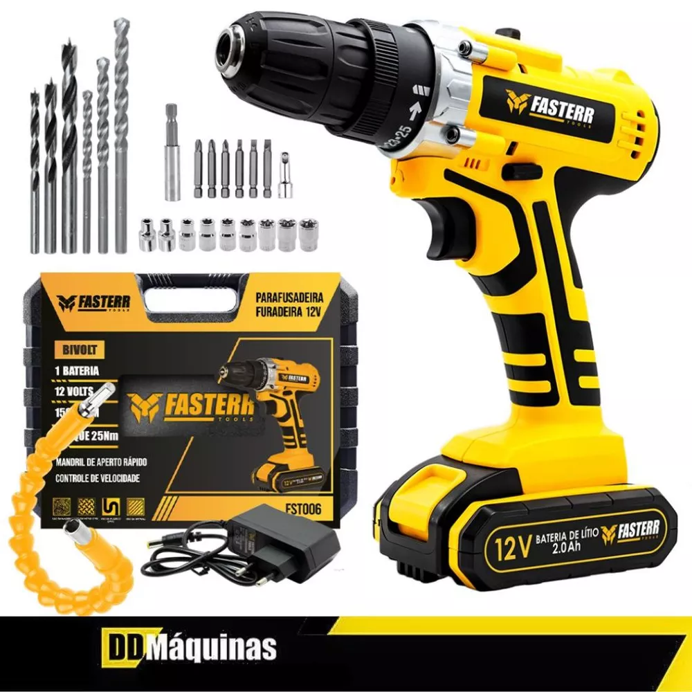 Furadeira e Parafusadeira 12V Completa Com Bateria 24 Acessórios e Maleta FST006 - Fasterr