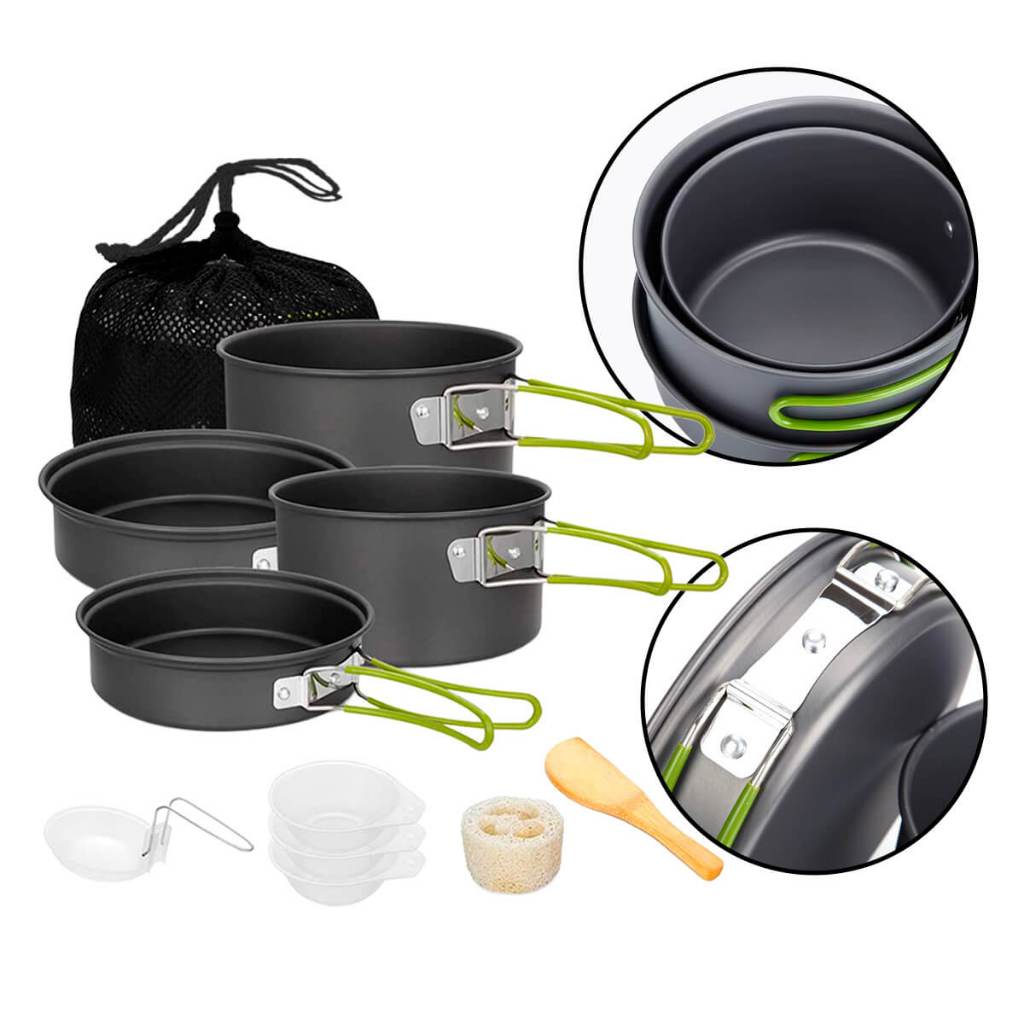 Conjunto de Panelas Camping Pesca [10 Peças]Conjunto de Panelas Camping 10 Peças Panelas de Alumínio Para Acampamento