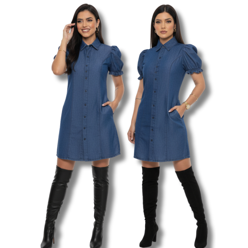 Vestido Chamise Jeans Feminino Soltinho Manga Princesa Bufante Moderno