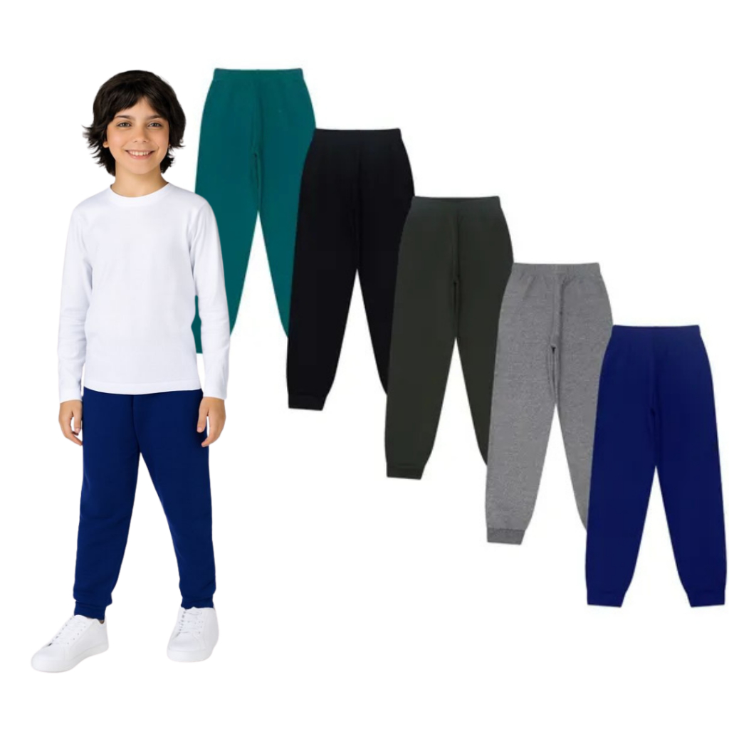 Kit 5 Calças Moletom Infantil Juvenil Menino Flanelada Calça Peluciada Lisa Cores Sortidas