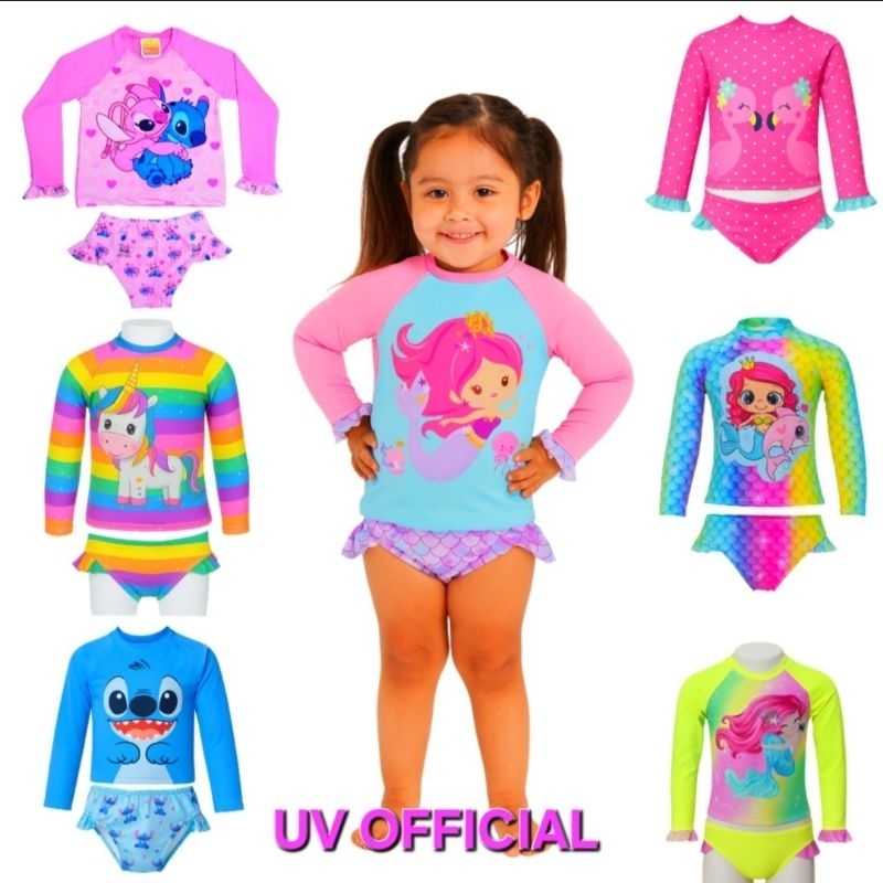 Conjunto Kit de Biquíni Infantil com Blusa Proteção Solar UV 50+ Sereia Unicórnio Praia Piscina Natação Menina Infantil em Oferta na Shopee
