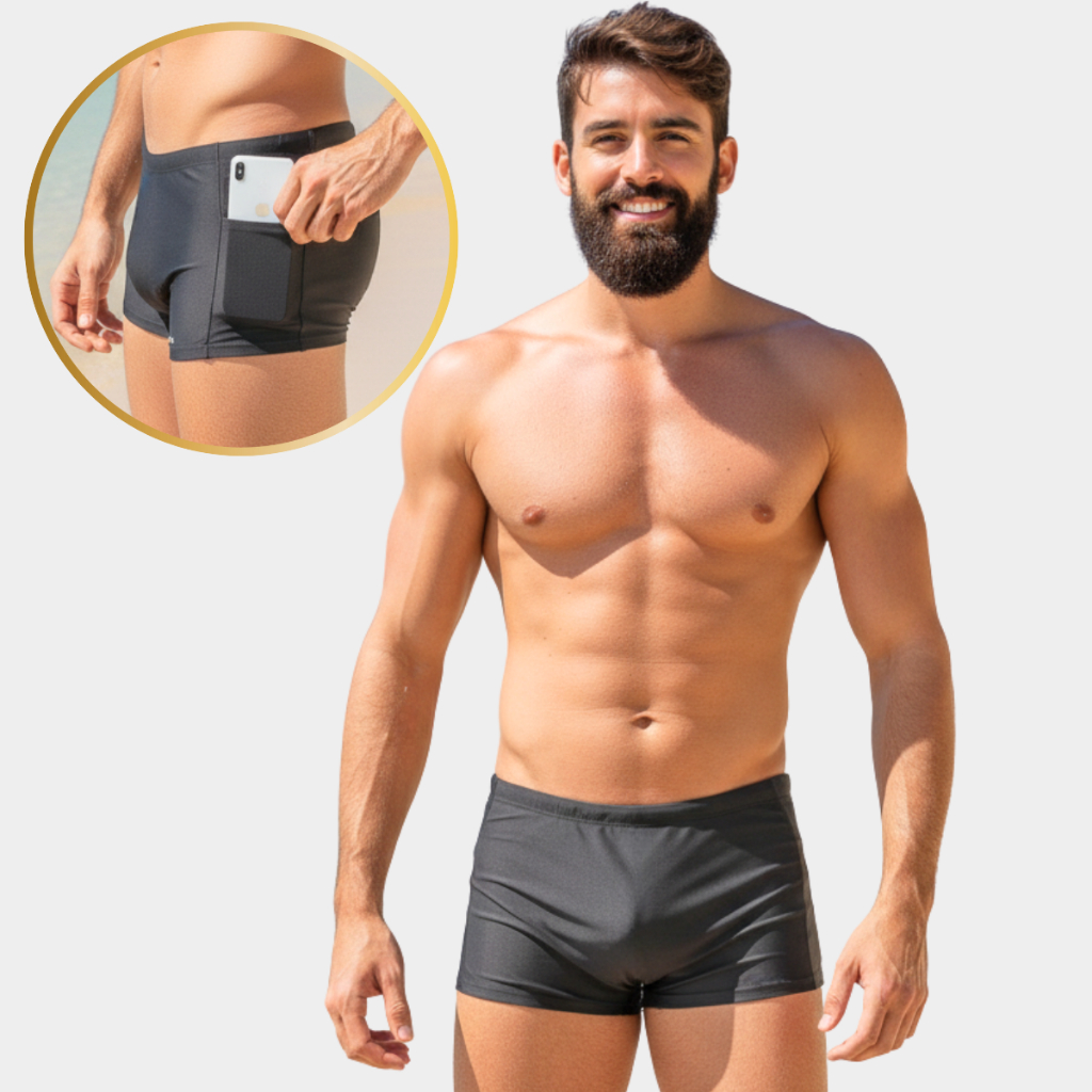 Sunga Box Masculina Com Bolso Lateral  Tecido Liso Moda Praia Natação Forrada Logo Refletiva Verão