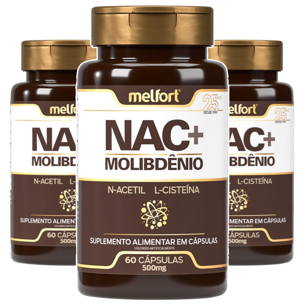 3x NAC + Molibdênio N-Acetil L-Cisteína + Molibdênio 60caps 500mg Complemento Nutricional