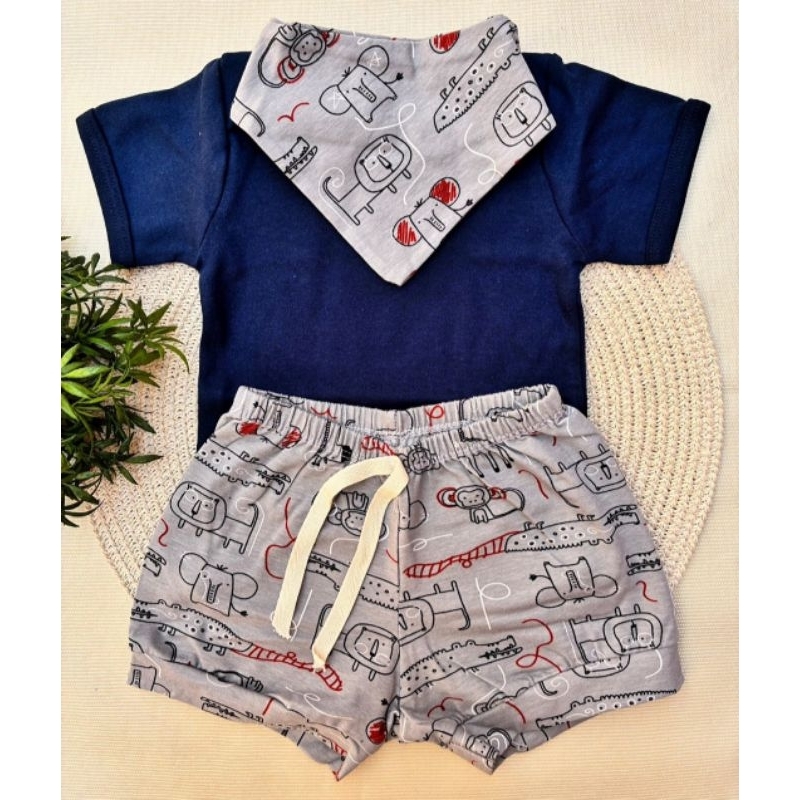 Roupinha Bebê Menino Verão – Conjunto Body e Short Estampado com Babador mais vendido