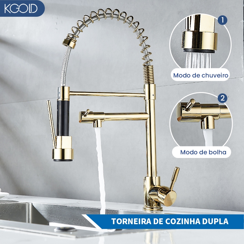 Torneira para pia de cozinha gourmet KGOLD com alça retrátil/spray de parede e bancada - dourada