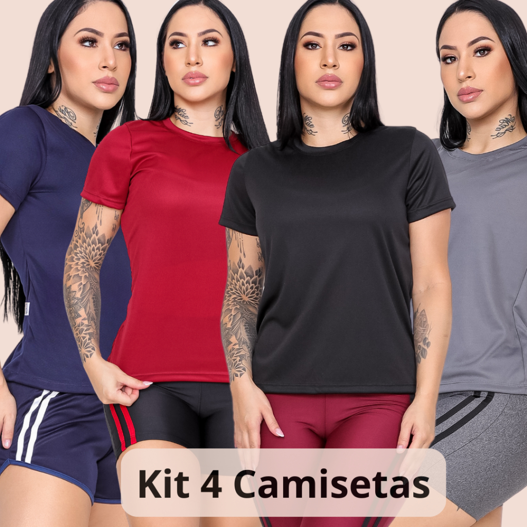 Kit 4 Camiseta Feminina Manga Curta Dry Fit Academia Corrida Fitness Respirável Esporte Dia a Dia
