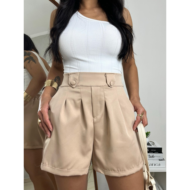 Shorts Alfaiataria Feminino Cintura Alta com Bolso Moda Verão 2026 Elegante, Elástico e botão forrado em Oferta na Shopee