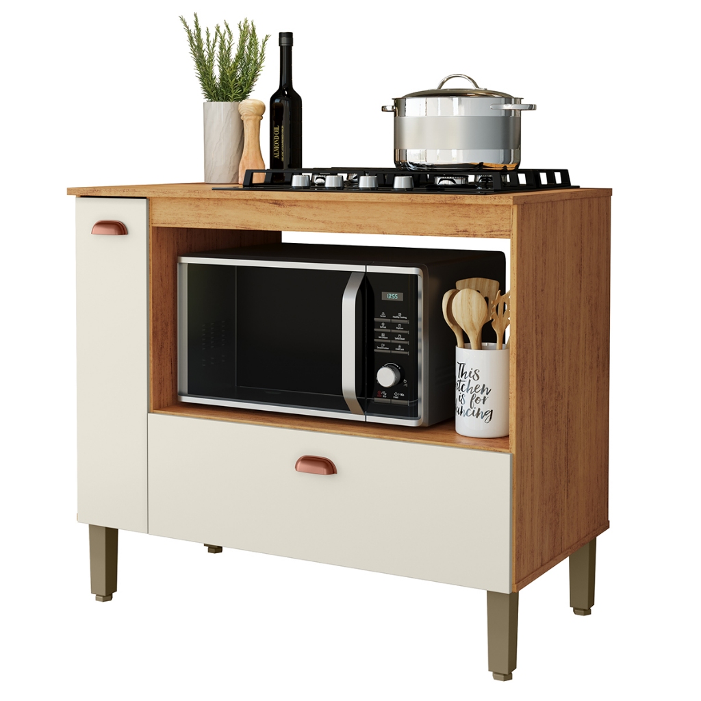 AJP MóveisBalcão De Cozinha Aurora Para Cooktop 4 Ou 5 Bocas Com 2 Gavetas 1 Porta E Nichos Para Forno Com Pés Em Pvc